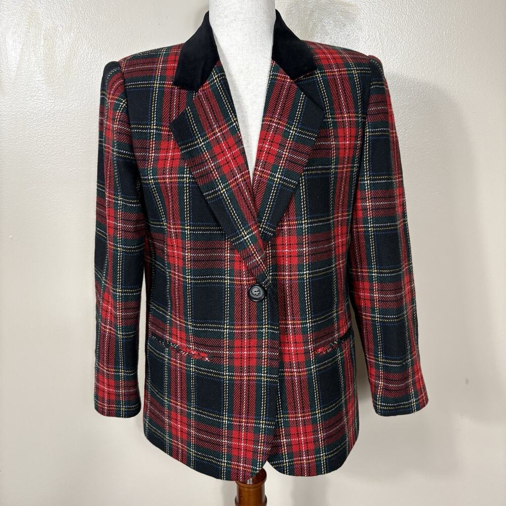 Radcliffe Tartan Plaid Blazer Womens Vintage Red Green Velvet Collar Preppy 6P